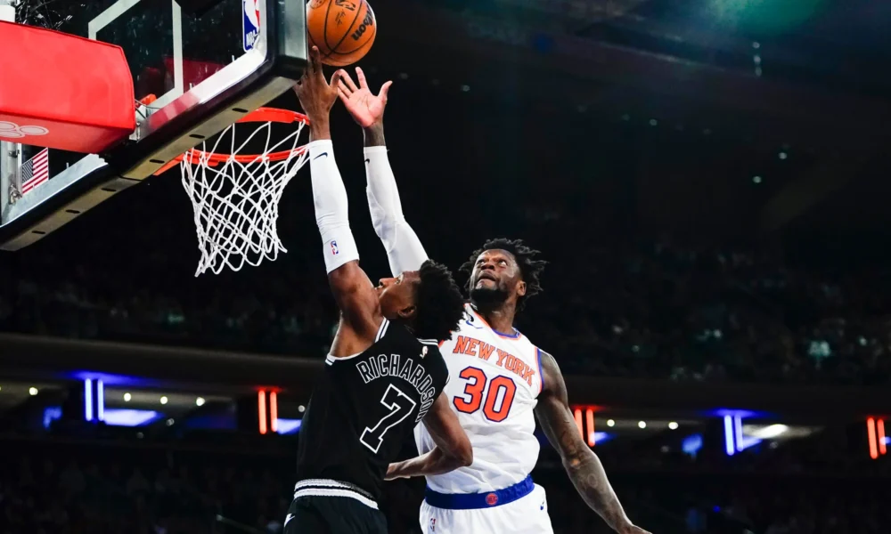 Defensive block at the rim by Julius Randle